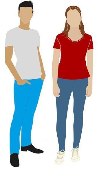 Zeichnung: jugendlicher Mann* blaue Hose, weißes T-Shirt, jugendliche Frau*, blaue Hose, rotes T-Shirt
