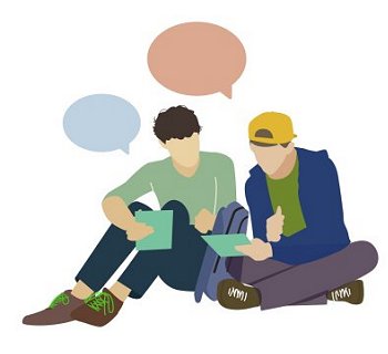 2 Jungen im Gespräch über Tablets gebeugt